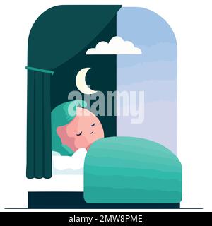 Die menschliche Figur schläft nachts Vektordarstellung, um den Weltschlaftag zu veranschaulichen Stock Vektor