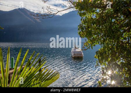 Geschütztes Boot auf dem lugano-See an sonnigen Tagen. Blick vom Olive Trail an sonnigen Tagen und Schweizer Alpen auf der anderen Seite Stockfoto