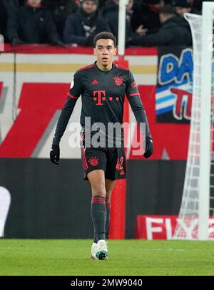 Mainz, Deutschland. 02. Februar 2023. 2. Februar 2023, MEWA Arena, Mainz, GER, DFB Cup, 1.FSV FSV FSV Mainz 05 vs. FC Bayern München, Jamal Musiala (München) freut sich über das Ziel von 0:2 Punkten: dpa/Alamy Live News Stockfoto