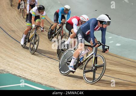 Gavin Hoover von Team USA, blauer Skinsuit mit Sternen und Streifen, während des Männer's Point Rennens, UCI Track Cycling World Championships 2022. Stockfoto