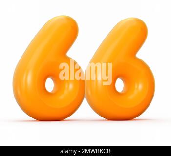 Eine 3D-Darstellung von glänzendem orangefarbenem Gelee Nummer 66 isoliert auf weißem Hintergrund Stockfoto