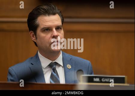 USA Der Vertreter Matt Gaetz, R-FL., wird am Mittwoch, den 01. Februar 2023, bei einer Sitzung des House Judiciary Committee über den Zustand der südlichen US-Grenze im Rayburn House Office Building auf Capitol Hill in Washington, DC, gesehen. (Foto: Craig Hudson/Sipa USA) Guthaben: SIPA USA/Alamy Live News Stockfoto