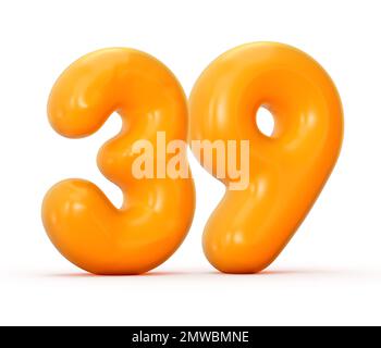 eine 3D-Darstellung einer glänzenden orangefarbenen Gelee Nummer 39 auf weißem Hintergrund. Stockfoto