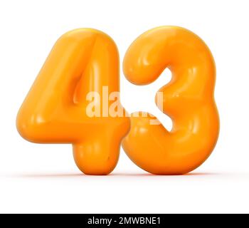 eine 3D-Darstellung einer glänzenden orangefarbenen Gelee Nummer 43 auf weißem Hintergrund. Stockfoto