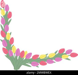 Abstrakter Rahmen aus farbenfrohen Tulpen in Form eines Zickzackschwanzes in trendigen, blassen Farbtönen. Isolieren. 8. März. Frauentag. Alles Gute Zum Muttertag. Copyspase. Ideal zum Einpacken, Drucken oder Poster. EPS Stock Vektor