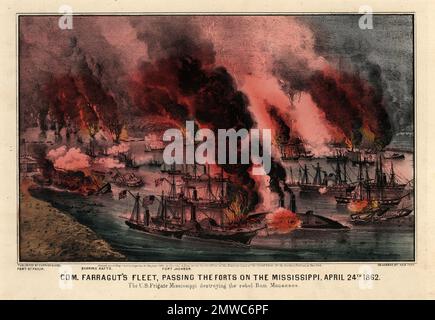 Er Schlacht von Forts Jackson und St. Philip (18.-28. April 1862) war der entscheidende Kampf um den Besitz von New Orleans im Amerikanischen Bürgerkrieg. Die beiden Festungen der Konföderierten am Mississippi südlich der Stadt wurden von einer Flotte der Union Navy angegriffen. Die Bombardierung der Festungen war größtenteils wirkungslos, aber der Übergang der unionistischen Flotte in der Nacht des 24. April 1862 führte zu einer Schlacht, in der die konföderierte Flotte zerstört wurde, und New Orleans stürzte ohne weitere Kämpfe. Dieses Bild zeigt Admiral David Farraguts Flotte, die die Festungen passiert und von Feuerflößen angegriffen wird Stockfoto