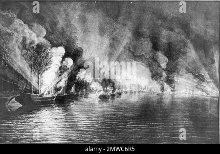 Die Schlacht von Forts Jackson und St. Philip (18.-28. April 1862) war der entscheidende Kampf um den Besitz von New Orleans im Amerikanischen Bürgerkrieg. Die beiden Festungen der Konföderierten am Mississippi südlich der Stadt wurden von einer Flotte der Union Navy angegriffen. Die Bombardierung der Festungen war größtenteils wirkungslos, aber der Übergang der unionistischen Flotte in der Nacht des 24. April 1862 führte zu einer Schlacht, in der die konföderierte Flotte zerstört wurde, und New Orleans stürzte ohne weitere Kämpfe. Dieses Bild zeigt die Unioist-Flotte, die auf die Landbatterien der Konföderierten feuert. Stockfoto