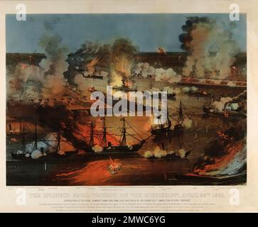 Er Schlacht von Forts Jackson und St. Philip (18.-28. April 1862) war der entscheidende Kampf um den Besitz von New Orleans im Amerikanischen Bürgerkrieg. Die beiden Festungen der Konföderierten am Mississippi südlich der Stadt wurden von einer Flotte der Union Navy angegriffen. Die Bombardierung der Festungen war größtenteils wirkungslos, aber der Übergang der unionistischen Flotte in der Nacht des 24. April 1862 führte zu einer Schlacht, in der die konföderierte Flotte zerstört wurde, und New Orleans stürzte ohne weitere Kämpfe. Dieses Bild zeigt Admiral David Farraguts Flotte, die die Festungen passiert und von Feuerflößen angegriffen wird Stockfoto