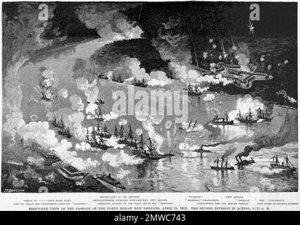 Er Schlacht von Forts Jackson und St. Philip (18.-28. April 1862) war der entscheidende Kampf um den Besitz von New Orleans im Amerikanischen Bürgerkrieg. Die beiden Festungen der Konföderierten am Mississippi südlich der Stadt wurden von einer Flotte der Union Navy angegriffen. Die Bombardierung der Festungen war größtenteils wirkungslos, aber der Übergang der unionistischen Flotte in der Nacht des 24. April 1862 führte zu einer Schlacht, in der die konföderierte Flotte zerstört wurde, und New Orleans stürzte ohne weitere Kämpfe. Dieses Bild zeigt Admiral David Farraguts Flotte, die die Festungen passiert und von Feuerflößen angegriffen wird Stockfoto