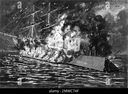 Er Schlacht von Forts Jackson und St. Philip (18.-28. April 1862) war der entscheidende Kampf um den Besitz von New Orleans im Amerikanischen Bürgerkrieg. Die beiden Festungen der Konföderierten am Mississippi südlich der Stadt wurden von einer Flotte der Union Navy angegriffen. Die Bombardierung der Festungen war größtenteils wirkungslos, aber der Übergang der unionistischen Flotte in der Nacht des 24. April 1862 führte zu einer Schlacht, in der die konföderierte Flotte zerstört wurde, und New Orleans stürzte ohne weitere Kämpfe. Dieses Bild zeigt Admiral David Farraguts Flaggschiffe Hartford und Mississippi, die an den Festungen vorbeifahren und verlobt sind Stockfoto