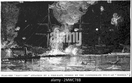 Er Schlacht von Forts Jackson und St. Philip (18.-28. April 1862) war der entscheidende Kampf um den Besitz von New Orleans im Amerikanischen Bürgerkrieg. Die beiden Festungen der Konföderierten am Mississippi südlich der Stadt wurden von einer Flotte der Union Navy angegriffen. Die Bombardierung der Festungen war größtenteils wirkungslos, aber der Übergang der unionistischen Flotte in der Nacht des 24. April 1862 führte zu einer Schlacht, in der die konföderierte Flotte zerstört wurde, und New Orleans stürzte ohne weitere Kämpfe. Dieses Bild zeigt Admiral David Farraguts Flaggschiffe Hartford und Mississippi, die an den Festungen vorbeifahren und verlobt sind Stockfoto