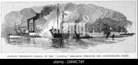 Die Schlacht von Forts Jackson und St. Philip (18.-28. April 1862) war der entscheidende Kampf um den Besitz von New Orleans im Amerikanischen Bürgerkrieg. Die beiden Festungen der Konföderierten am Mississippi südlich der Stadt wurden von einer Flotte der Union Navy angegriffen. Die Bombardierung der Festungen war größtenteils wirkungslos, aber der Übergang der unionistischen Flotte in der Nacht des 24. April 1862 führte zu einer Schlacht, in der die konföderierte Flotte zerstört wurde, und New Orleans stürzte ohne weitere Kämpfe. Dieses Bild zeigt Captain Bailey auf dem Unionistenboot Cayuga, wie er durch die Konföderierten Schiffe bricht, die die blockieren Stockfoto