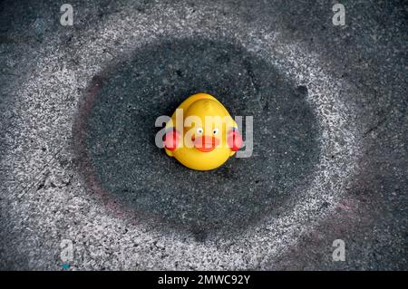 Gelbe Gummiente in einem Kreis auf dem Boden, Draufsicht, von oben Stockfoto