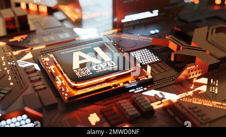 Künstliche Intelligenz der Zukunft mit CPU-Prozessoren. 3D-Technologie-Hintergrund. Stockfoto