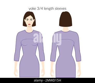 Joch Ärmel Kleidung Figur wunderschöne Dame in lavendelfarbenem Oberteil, Hemd, Kleid technische Mode Illustration mit 3-4 Armbandlänge. Flache Bekleidungsvorlage vorne, hinten. Frauen, Männer, Unisex-CAD-Modell Stock Vektor