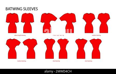 Set aus Fledermausärmeln Bekleidung Ellbogen, mittellang, kurz, technische Modezeichnung mit passgenauem Body. Flache Bekleidungsvorlage vorne, Rückseite. Frauen, Männer, Unisex-CAD-Modell Stock Vektor