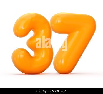 eine 3D-Darstellung einer glänzenden orangefarbenen Gelee Nummer 37, isoliert auf weißem Hintergrund Stockfoto