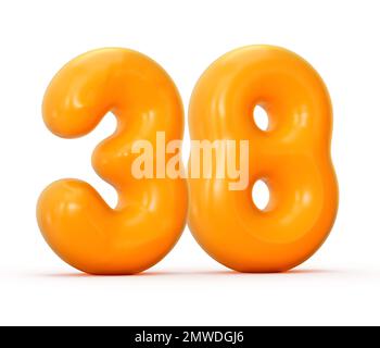eine 3D-Darstellung einer glänzenden orangefarbenen Gelee Nummer 38, isoliert auf weißem Hintergrund Stockfoto