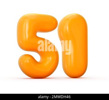 eine 3D-Darstellung einer glänzenden orangefarbenen Gelee Nummer 51, isoliert auf weißem Hintergrund Stockfoto