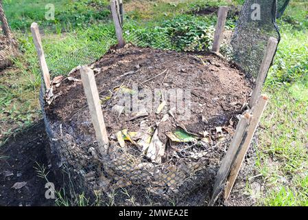 Biokompostierung – frischer Bioabfall und Kompost im Garten mit Lebensmittelabfällen und Bananenblättern vermischt mit Boden zur Verwendung als Dünger für Kulturpflanzen Stockfoto