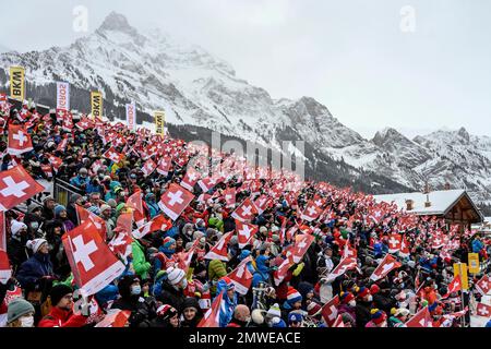 Schweizer Fans mit Flaggen, Adelboden, Schweiz Stockfoto