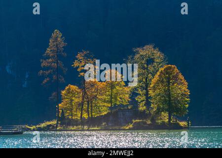 Christlieger Island mit Statue von St. John Nepomuk, Königssee, Schoengau, Berchtesgadener Land, Bayern, Deutschland Stockfoto