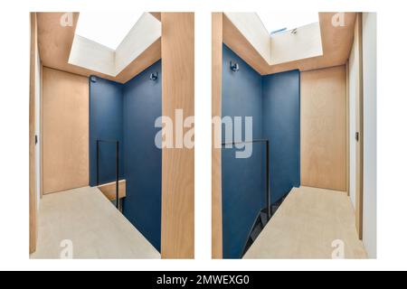 Innen und außen ein Haus mit holzgetäfelten Wänden, blauen Türen und Oberlichtern auf beiden Seiten Stockfoto
