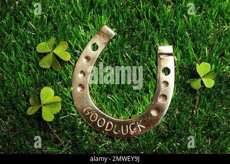 Flache Liegezusammensetzung mit Hufeisen auf Gras. St. Patrick's Day-Feier Stockfoto