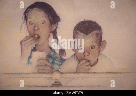 Zugeschnittenes Bild von Norman Rockwell Gemälde namens Day in the Life of Girl, 19652 für das Samstagabend Post Magazin, das ein Mädchen und einen Jungen zeigt Stockfoto