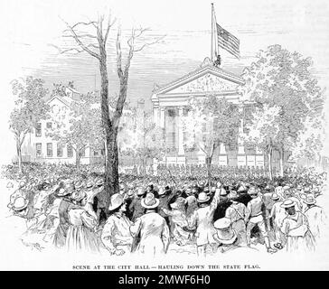 Die Schlacht von Forts Jackson und St. Philip (18.-28. April 1862) war der entscheidende Kampf um den Besitz von New Orleans im Amerikanischen Bürgerkrieg. Die beiden Festungen der Konföderierten am Mississippi südlich der Stadt wurden von einer Flotte der Union Navy angegriffen. Die Bombardierung der Festungen war größtenteils wirkungslos, aber das Überschreiten der unionistischen Flotte in der Nacht vom 24. April 1862 führte zu einer Schlacht, in der die konföderierte Flotte zerstört wurde. Und New Orleans fiel ohne weitere Kämpfe. Dieses Bild zeigt die Staatsflagge der Konföderierten, die vom New Orleans Rathaus getroffen wurde Stockfoto