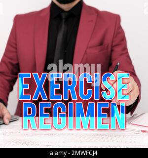 Schild zeigt Übungsplan an. Geschäftsübersicht Körper energetisch bewegen, um fit und gesund zu werden Stockfoto