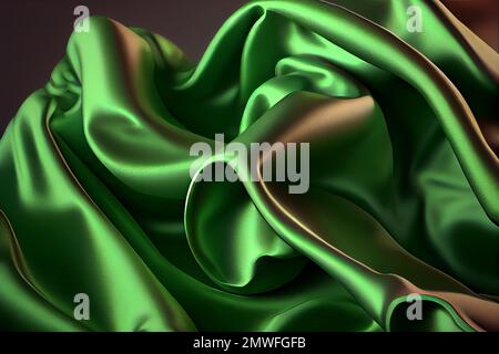 Textiloberfläche aus grüner Seide abstrakter Hintergrund. Dekorative Mode Textilstruktur Nahaufnahme, detailgetreuer, glatter Stoff. Natürliches Material Grüne Seidenstruktur. Stockfoto