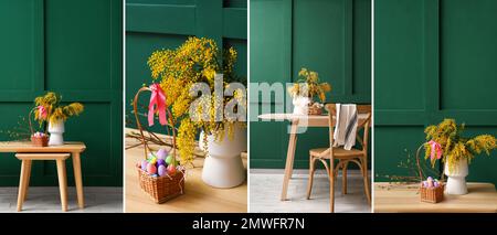 Collage aus Vase mit Mimosablüten und Ostereiern im Korb auf einem Holztisch nahe der grünen Wand Stockfoto