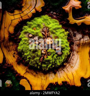 Burlholzoberfläche mit abstraktem Mooshintergrund. Ziertafelaufnahme aus Holz, detaillierte Holzstruktur. Natürliches Holz mit abstraktem Muster aus grünem Moos. Stockfoto