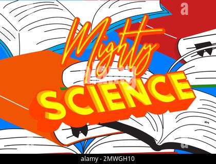 Das mächtige Wissenschaftswort auf einem Buch, eine Zeichentrickfilm-Vektordarstellung. Stock Vektor