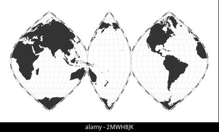 Vector-Weltkarte. Unterbrochene sinusförmige Projektion. Geografische Karte mit Breiten- und Längengraden. Zentriert auf 180deg Längengrad. Vec Stock Vektor