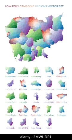 Kambodschanische Niederpoly-Regionen. Polygonale Landkarte Kambodschas mit Regionen. Geometrische Karten für Ihr Design. Erstaunliche Vektordarstellung. Stock Vektor