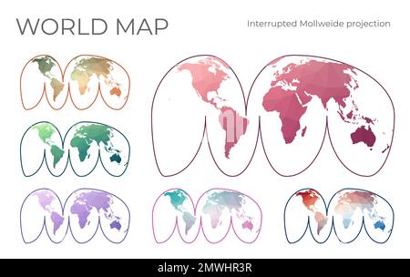 Niedrige Poly-Welt-Karte Eingestellt. Goode hat die Mollweide-Projektion unterbrochen. Sammlung der Weltkarten im geometrischen Stil. Vektordarstellung. Stock Vektor