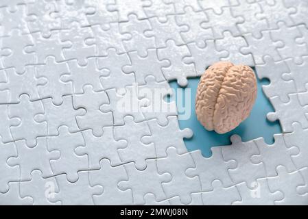 Autismus, Gedächtnisverlust, Demenz und alzheimer-Bewusstsein, Welttag der psychischen Gesundheit. Gehirnmodell in einem fehlenden Puzzleteil. Stockfoto