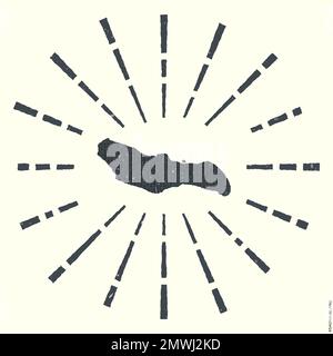 Saona Island Logo. Grunge Sunburst Poster mit Rahmenkarte. Die Form der Insel Saona ist gefüllt mit Hexziffern mit Sonnenstrahlen. Stock Vektor