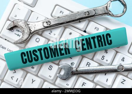Text mit Inspiration Kundenorientierung. Ein Wort über den Prozess, sich um die Gäste zu kümmern, um deren Vergnügen zu gewährleisten Stockfoto