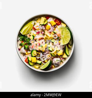 Atemberaubende Ceviche mit weißer Hintergrundfotografie. Betonen Sie die lebendigen Aromen des beliebten lateinamerikanischen Gerichts in einem minimalistischen und raffinierten Stil Stockfoto