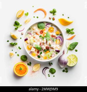 Atemberaubende Ceviche mit weißer Hintergrundfotografie. Betonen Sie die lebendigen Aromen des beliebten lateinamerikanischen Gerichts in einem minimalistischen und raffinierten Stil Stockfoto