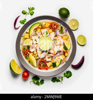 Atemberaubende Ceviche mit weißer Hintergrundfotografie. Betonen Sie die lebendigen Aromen des beliebten lateinamerikanischen Gerichts in einem minimalistischen und raffinierten Stil Stockfoto