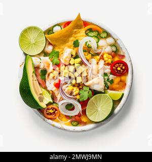 Atemberaubende Ceviche mit weißer Hintergrundfotografie. Betonen Sie die lebendigen Aromen des beliebten lateinamerikanischen Gerichts in einem minimalistischen und raffinierten Stil Stockfoto