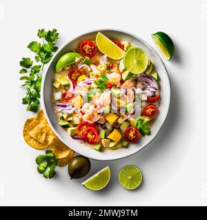 Atemberaubende Ceviche mit weißer Hintergrundfotografie. Betonen Sie die lebendigen Aromen des beliebten lateinamerikanischen Gerichts in einem minimalistischen und raffinierten Stil Stockfoto