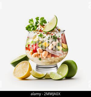 Atemberaubende Ceviche mit weißer Hintergrundfotografie. Betonen Sie die lebendigen Aromen des beliebten lateinamerikanischen Gerichts in einem minimalistischen und raffinierten Stil Stockfoto