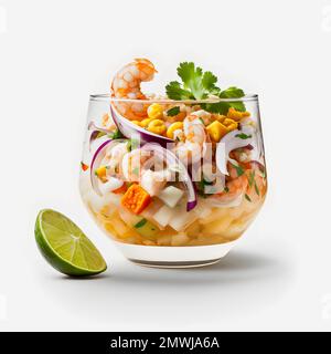 Atemberaubende Ceviche mit weißer Hintergrundfotografie. Betonen Sie die lebendigen Aromen des beliebten lateinamerikanischen Gerichts in einem minimalistischen und raffinierten Stil Stockfoto