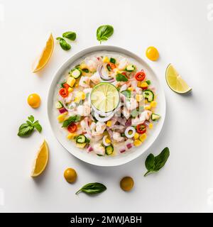 Atemberaubende Ceviche mit weißer Hintergrundfotografie. Betonen Sie die lebendigen Aromen des beliebten lateinamerikanischen Gerichts in einem minimalistischen und raffinierten Stil Stockfoto