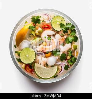 Atemberaubende Ceviche mit weißer Hintergrundfotografie. Betonen Sie die lebendigen Aromen des beliebten lateinamerikanischen Gerichts in einem minimalistischen und raffinierten Stil Stockfoto